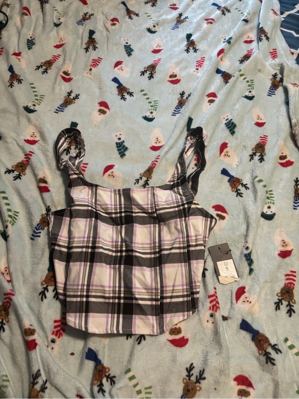 Plaid Square Neck Tank crop Top in Black, White & Lavender